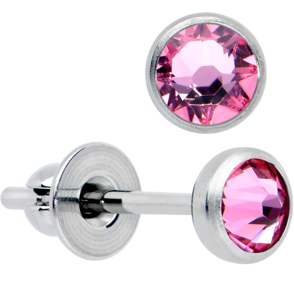 4mm Pink Gem Bezel G23 Titanium Post Stud Earrings